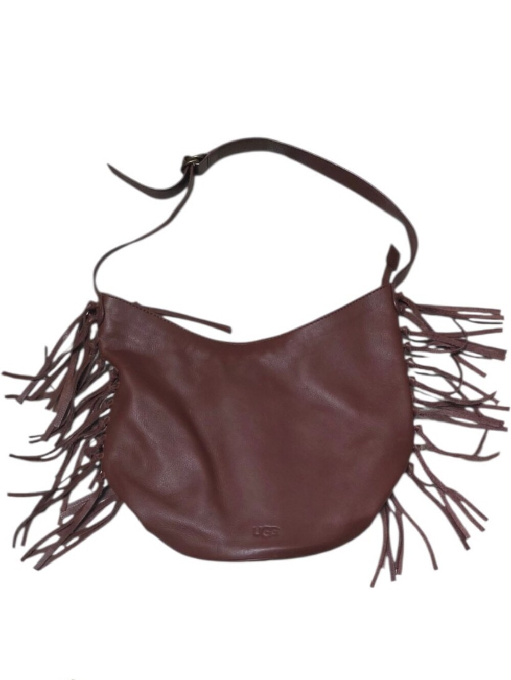 Ugg Brown Leather Bucket Hobo Shoulder Bag With Boho Fringe
